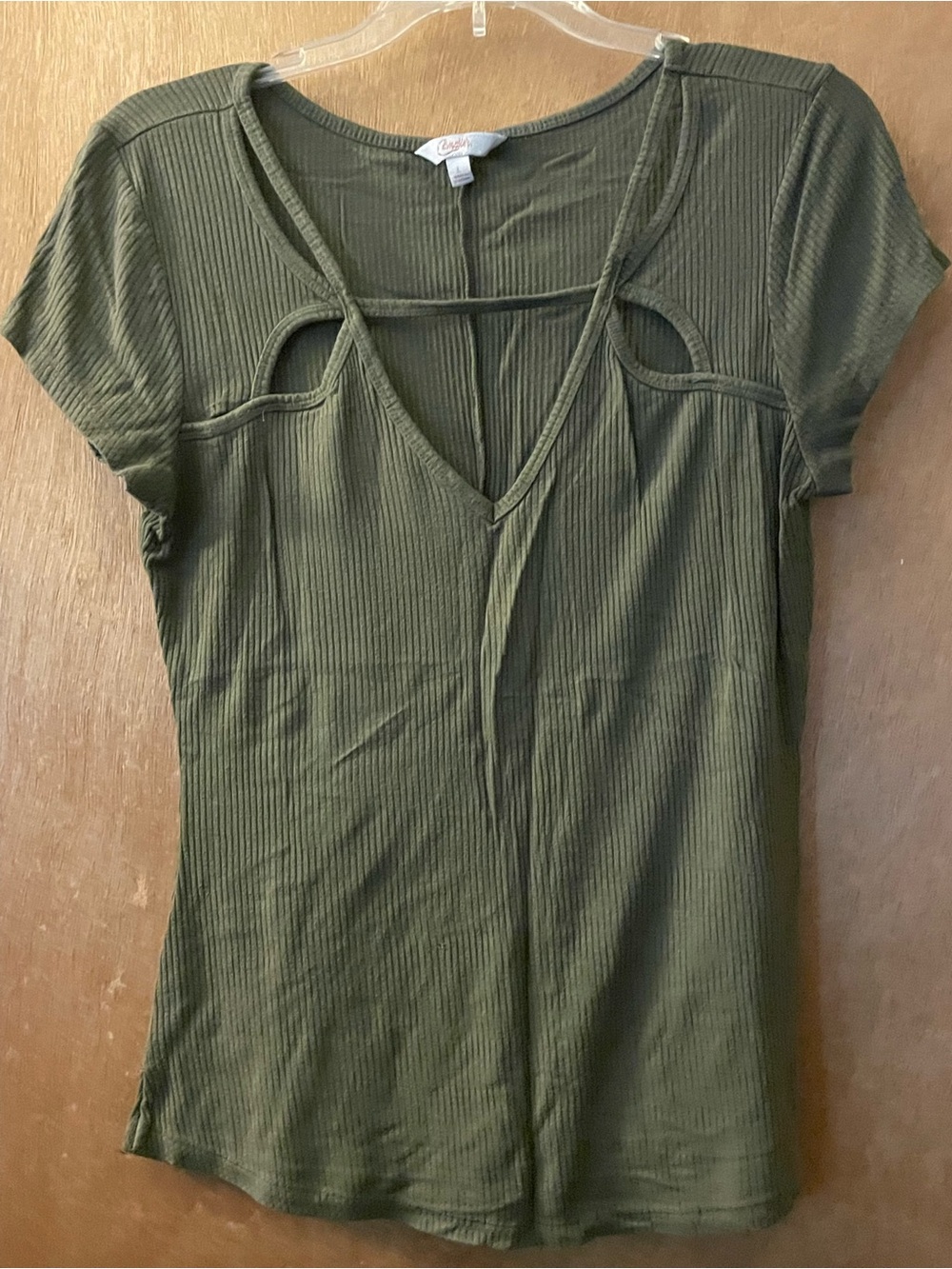 Candie's Olive Ribbed Short Sleeve Top with Front Cutouts